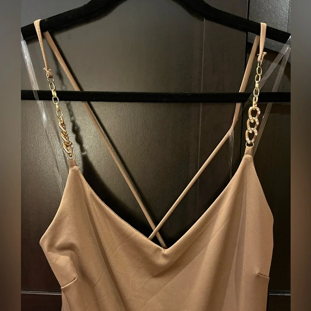Wide leg jumpsuit/ romper crisscross back,  gold chain w/ rhinestones. Tan. Sz M - Picture 2 of 11